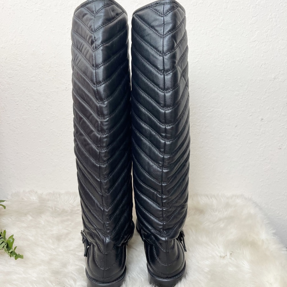 Stuart Weitzman Raceway Black Leather Tall Riding Boots Chevron Quilted Size 8 - Picture 2 of 6